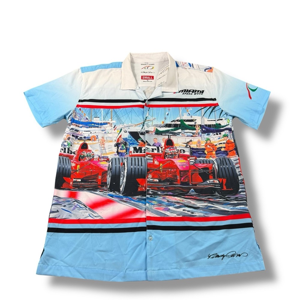 NWT Lowsportsgear Miami Speed Week Formula 1 Ferrari AOP Button Up Shirt Sz S